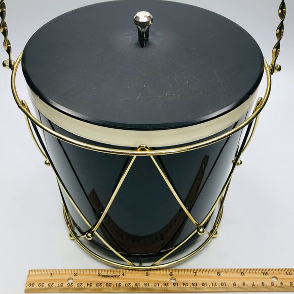 Vintage 60s THERMOS Drum Ice Bucket: Black Insulated Container - Gold Tone Caddy - Picture 15 of 16